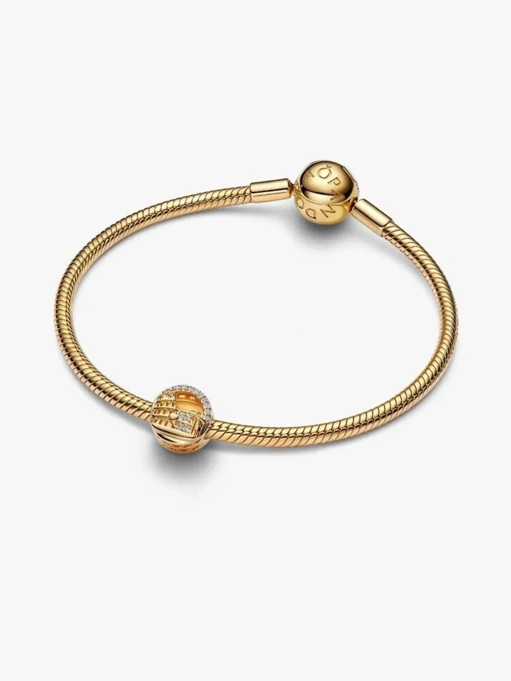 Pandora Gold Tone Snake Chain Bracelet with Pavé Accent Bead